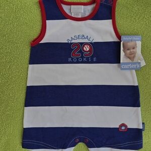 NWT 3-6M Baby BOYS Short ROMPER Red White Blue Striped Baseball Rookie (Q2)